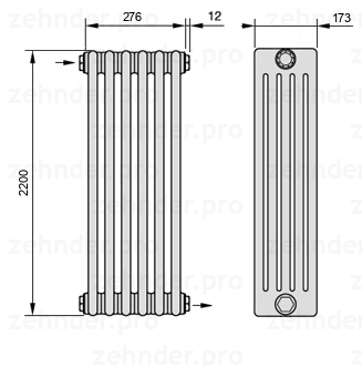 Схема (чертеж) Радиатор Zehnder Charleston 5220/6 №1670 Белый глянцевый RAL 9016